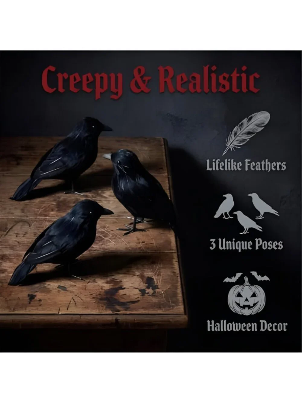 3 Pcs Black Feathered Crows Realistic Halloween Decorations Indoor Outdoor